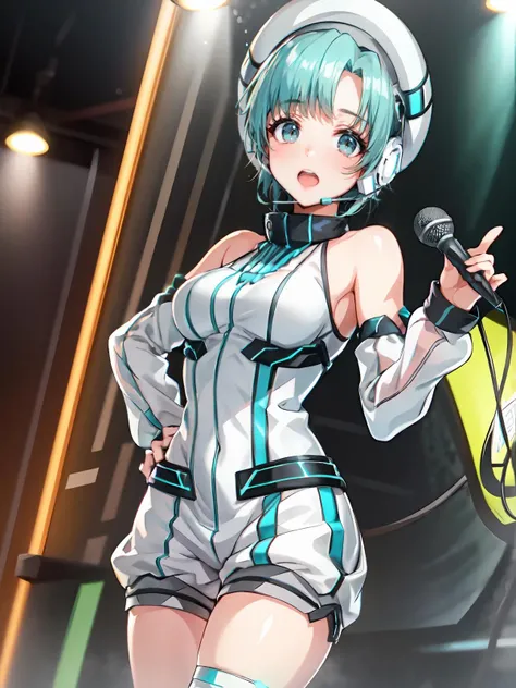 (extremely detailed CG), (best quality), 1girl, perfect face, shiny skin, lustrous skin, wide hips, narrow waist, solo , <lora:TowaDJ-10:0.8> TowaDj white sleeves,single thighhigh,short,boots,bare shoulders,green hair,white headwear,headset, short hair, green eyes, bangs, detached sleeves, neon lights, Holding microphone,