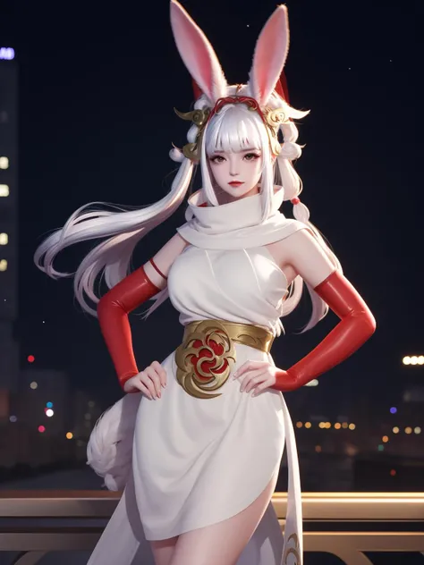 WZRYgongsunliQXLZ, 1girl, solo, white hair, rabbit ears, long hair, looking at viewer, hair ornament,red eyes, makeup,elbow gloves,jewelry,cityscape, night,mature female, standing, hand on hip,  cowboy shot, <lora:WZRYgongsunliQXLZii:0.75>