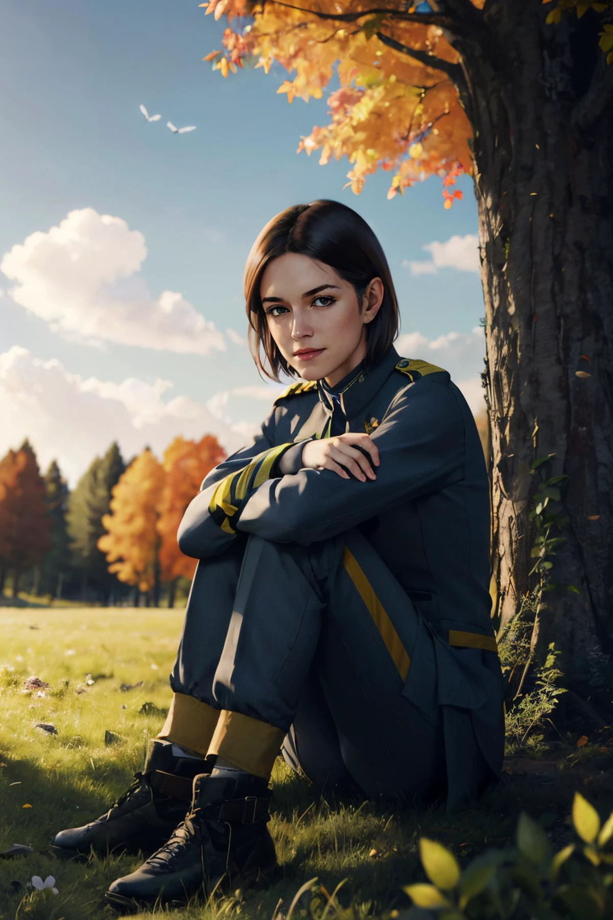 mirandak, short hair, wearing military uniform, looking at viewer, serious, smiling,
sitting, on grass, knees together, shy pose, outside, field, park, trees, autumn, overcast, extreme detail, hdr, <lora:Miranda Keyes:.6>