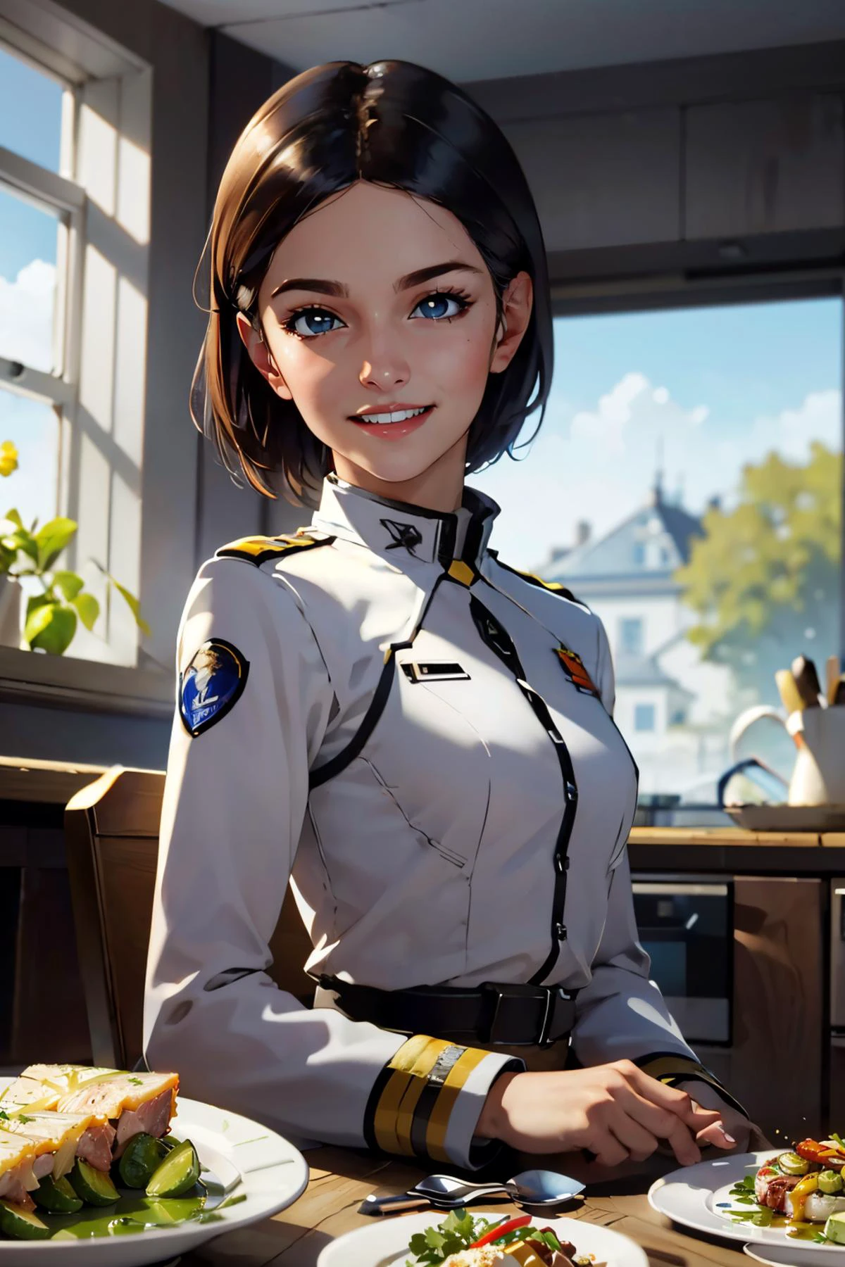 mirandak, short hair, wearing white military uniform, looking at viewer, smiling, happy, teeth, medium shot,
inside a futuristic kitchen, sitting behind a table, plate full of food, meat, vegetables, window, blue sky, extreme detail, masterpiece, <lora:Miranda Keyes:.6>