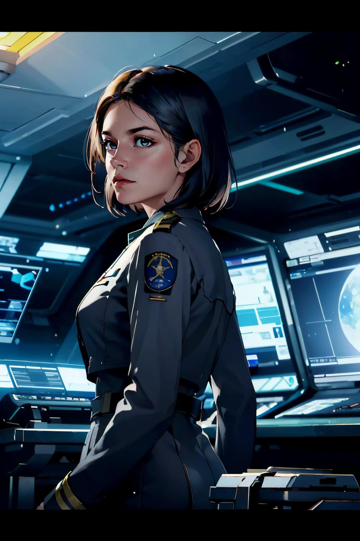 mirandak, short hair, wearing military uniform, looking at viewer, serious, medium shot,
standing, inside a spaceship, futuristic monitors, large window, planet earth background, extreme detail, masterpiece, <lora:Miranda Keyes:.6>
