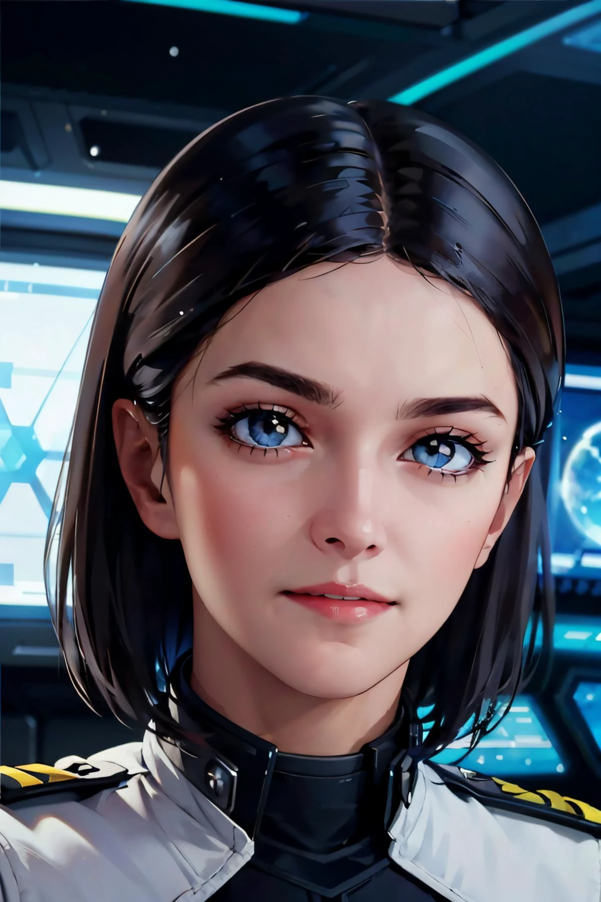 mirandak, short hair, wearing military uniform, looking at viewer, serious, smiling, close up portrait,
inside a spaceship, futuristic monitors, large window, planet earth background, extreme detail, masterpiece, <lora:Miranda Keyes:.6>