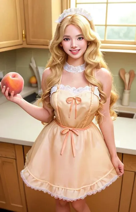 hd photorealistic image of a cute young woman with long blonde hair smiling into the camera, high quality skin textures, depth, dressed as a maid, holding a peach, kawaii, full body, sexy, curvy, thick lips, pear shaped body, peachy face, princess peach, standing in an expensive kitchen, intricate, canon eos r5, showing lots of skin, small waist, detailed facial features