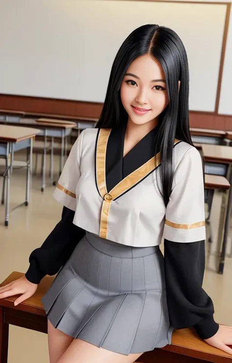 hd photorealistic image of a cute young woman with black hair smiling into the camera, high quality skin textures, depth, wearing a chinese school girl outfit, kawaii, full body, sexy, curvy, thick lips, pear shaped body, peachy face, intricate, showing lots of skin, small waist, detailed facial features, sexy shiny, glistening, healthy skin, thick lips, prominent nose, chubby cheeks in a school, high quality clothing textures