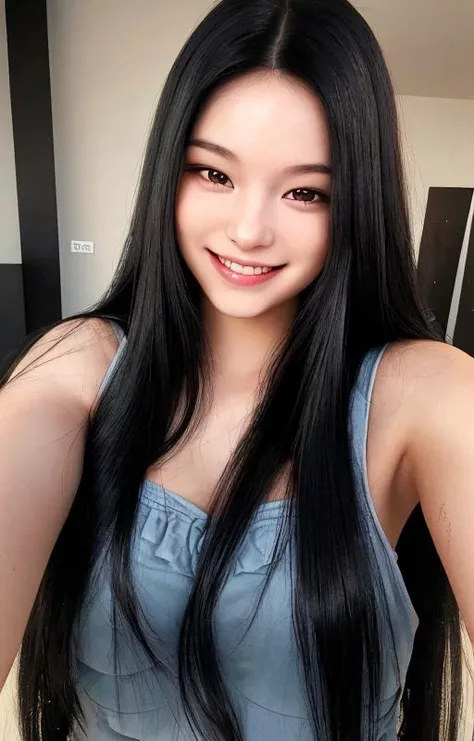 hd photorealistic image of a cute young woman with long black hair smiling into the camera, taking a selfie, high quality skin textures, depth