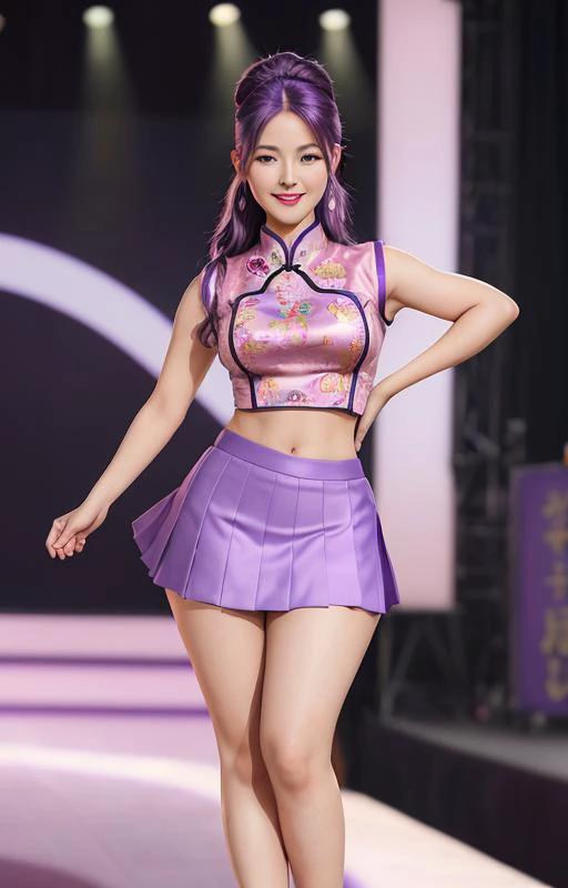 hd photorealistic image of a cute young woman with purple hair smiling into the camera, high quality skin textures, depth, wearing a chinese school girl outfit, kawaii, full body, sexy, curvy, thick lips, pear shaped body, peachy face, standing on a stage, intricate, showing lots of skin, small waist, detailed facial features, sexy shiny, glistening, healthy skin