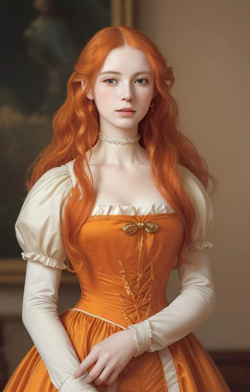 a raw hd photo of an elegant woman with long, orange wavy hair, wearing a time period dress 1820's