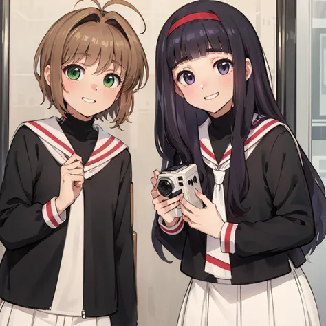 <lora:tomosaku_v2_locon:0.7>,
2 people,
kinomoto sakura,green eyes,brown hair,short hair,antenna hair,
school uniform,
ADDCOL,
2 people,
daidouji tomoyo,long hair,red hairband,purple eyes,black hair,blunt bangs,
tomoeda elementary school uniform,white skirt,pleated skirt,sailor collar,(black shirt:1.4),long sleeves,serafuku,neckerchief,( holding, camcorder, video camera:1.2),