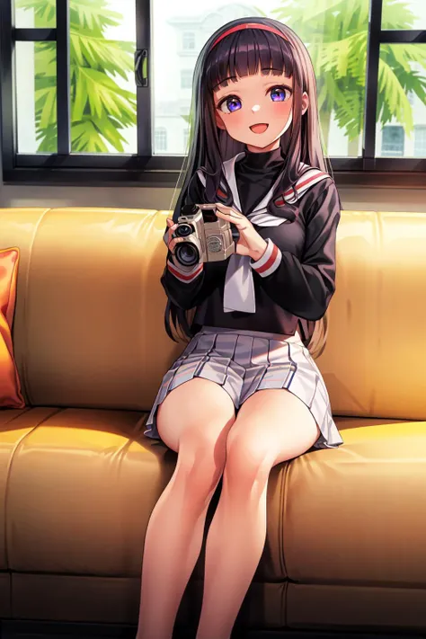 (masterpiece:1.2), best quality, ultra high resolution, unity 8k wallpaper, (illustration:1.0), (beautiful detailed eyes:1.6), extremely detailed face, perfect lighting, extremely detailed CG, (perfect hands,perfect anatomy), (dynamic angle and pose:1.3), nice angle, (1girl,solo:1.5),looking at viewer,
daidouji tomoyo, long hair, hairband, purple eyes, black hair, blunt bangs, tomoeda elementary school uniform, skirt, school uniform, white skirt, sailor collar, pleated skirt, (black shirt:1.4), shirt, long sleeves, serafuku, red hairband, neckerchief, ( holding, camcorder, video camera:1.2),
smile, open mouth,
(luxurious mansion:1.4), (indoor:1.2), (window:1.3), (curtain:1.2), (sofa:1.6), (sitting:1.3),