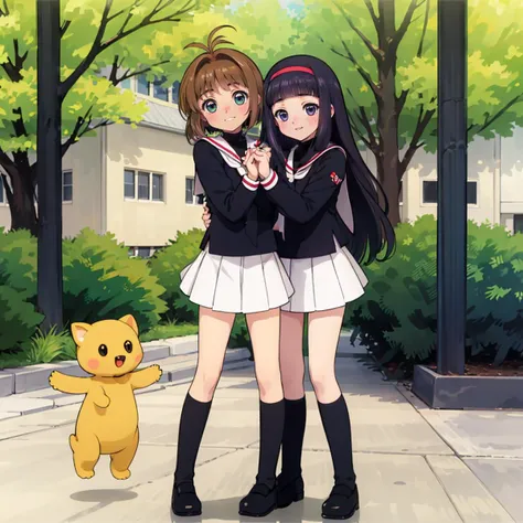 <lora:tomosaku_v2_locon:0.7>,
2 people,
kinomoto sakura,green eyes,brown hair,short hair,antenna hair,
school uniform,
pleated skirt,
full body,standing,
hug,
ADDCOL,
2 people,
daidouji tomoyo,long hair,red hairband,purple eyes,black hair,blunt bangs,
school uniform,
pleated skirt,
full body,standing,
hug,