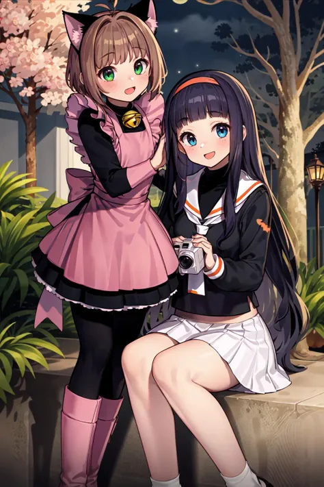 (masterpiece:1.2), best quality, ultra high resolution, unity 8k wallpaper, (illustration:1.0), (beautiful detailed eyes:1.6), extremely detailed face, perfect lighting, extremely detailed CG, (perfect hands,perfect anatomy), (dynamic angle and pose:1.3), nice angle, (2girl:1.5),looking at viewer,
kinomoto sakura, green eyes, brown hair, short hair, antenna hair, fake animal ears, animal ears, cat ears, cat tail, dress, black dress, long sleeves, pink dress, apron, pink apron, bell, open mouth, pantyhose, black pantyhose, jingle bell, boots, pink footwear, paw pose,
ADDCOL,
(masterpiece:1.2), best quality, ultra high resolution, unity 8k wallpaper, (illustration:1.0), (beautiful detailed eyes:1.6), extremely detailed face, perfect lighting, extremely detailed CG, (perfect hands,perfect anatomy), (dynamic angle and pose:1.3), nice angle, (2girl:1.5),looking at viewer,
daidouji tomoyo, long hair, hairband, purple eyes, black hair, blunt bangs, tomoeda elementary school uniform, skirt, school uniform, shoes, mary janes, white skirt, white sailor collar, sailor collar, pleated skirt, (black shirt:1.4), socks, black footwear, shirt, long sleeves, white socks, serafuku, red hairband, neckerchief, holding, camcorder, video camera,
smile, open mouth,
(halloween_background:1.3), (street:1.3), (night:1.5), (tree:1.2)