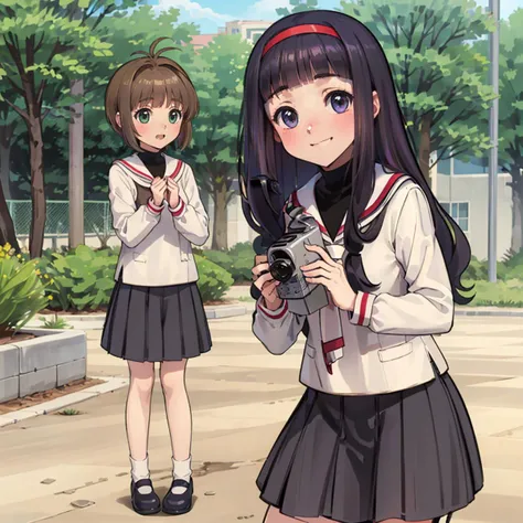 <lora:tomosaku_v2_locon:0.7>,
2 people,
kinomoto sakura,green eyes,brown hair,short hair,antenna hair,
school uniform,
pleated skirt,
full body,standing,
ADDCOL,
2 people,
daidouji tomoyo,long hair,red hairband,purple eyes,black hair,blunt bangs,
school uniform,
pleated skirt,
( holding, camcorder, video camera:1.2),
full body,standing,