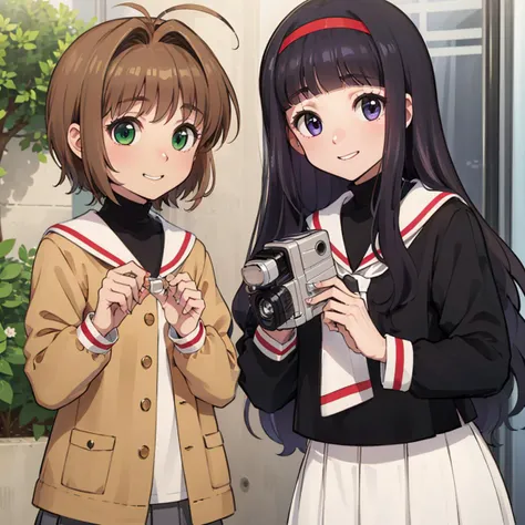 <lora:tomosaku_v2_locon:0.7>,
2 people,
kinomoto sakura,green eyes,brown hair,short hair,antenna hair,
school uniform,
ADDCOL,
2 people,
daidouji tomoyo,long hair,red hairband,purple eyes,black hair,blunt bangs,
tomoeda elementary school uniform,white skirt,pleated skirt,(black shirt:1.4),( holding, camcorder, video camera:1.2),