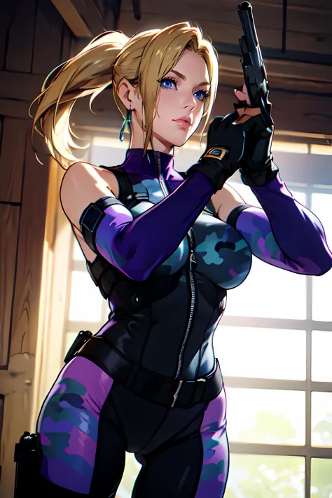 masterpiece, best_quality, photorealistic, unreal_engine,ultra_res,
1woman, medium breasts, slender, waist, (muscular:0.9)
<lora:Character_tekken nina:0.4>NINA REGULAR
blonde hair,ponytail,long hair,
blue eyes,nose,lips,
jewelry,earrings,
purple bodysuit, puple camouflage suit,bare shoulders,detached sleeves,asymmetrical clothes, 
belt, gun,holster, zipper, handgun, strap, 
pants, black gloves,buckle,holding,gloves,elbow gloves,  
<lora:Style_hews_style:0.5>HEWS STYLE <lora:Style_cutesexyrobutts_v2:0.>CSR STYLE
<lora:Style_puuzaki-puuna-lora-v1:0.0> <lora:Style_anmnr01AOM3A1:0.4>
<lora:Concept_Round_Breasts_V7:0.4>ROUND BREASTS, medium BREASTS
watching at viewer, serious,
fighting stance