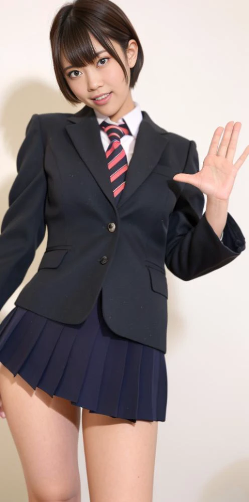 21yo,seifuku cosplay,seifuku cosplayer,arm behind,front body, front face, very short hair,looking at viewer,smile,slender body,standing ,(8k, RAW photo, best quality, masterpiece:1.2), (realistic, photo-realistic:1.37), ultra-detailed,(detailed beautiful girl:1.4),1 girl, full body shot, <lora:GoodHands-beta2:0.3>, <lora:seifuku cosplay_v2:0.7> <lora:LORAChineseDoll_chinesedolllikeness1:0.6>