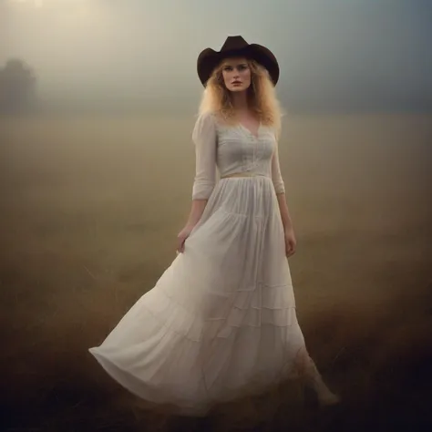 embedding:annev annev beauty photography, beautiful shy young woman, age 30, wearing a dress and cowboy boots, curly hairstyle, standing in a field, full body, chiaroscuro lighting, eye level, thick fog on ground level, shot on large format, Fujicolor Pro, bokeh, in style of Miles Aldridge