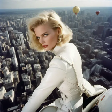 embedding:annev a closeup candid photo of annev a adventurous woman flying in a white hot air balloon above the city, wearing a leather body outfit, fantasy, from above, shot onlarge format, Fujicolor Pro, in style of Miles Aldridge