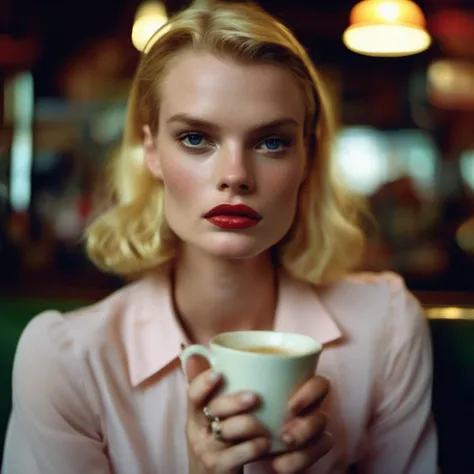 Photography, BALENCIAGA, best quality, 1 boy, man, sharp face, defined face, defined sculptural face, white skin, pale skin, white hair, straight bangs, muscular, healed, big arms, big pectoral, pink chest, fog, deep shadows, short hair, straight hair, drinking coffee, a man in a coffee shop drinking coffee, coffee coming out smoke, hot coffee, big cup, dark overcoat, short blouse