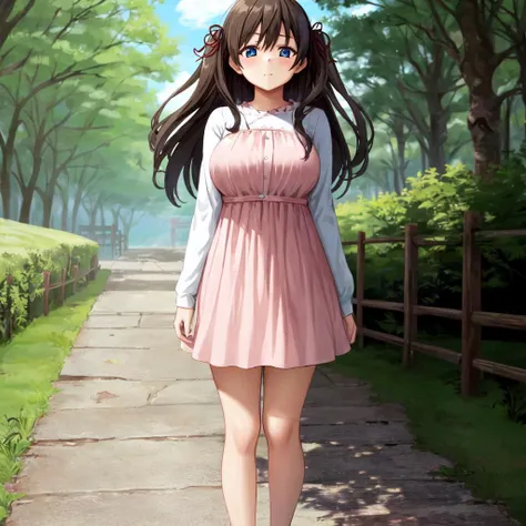 MakotoGGN, masterpiece, best quality, absurdres, detailed, 1girl, solo, long hair, brown hair, blue eyes, large breasts, looking at viewer, full body hair ribbon, blush, red ribbon, standing, two side up, pink dress, flower, outside, nature, <lora:MakotoGGN:1>