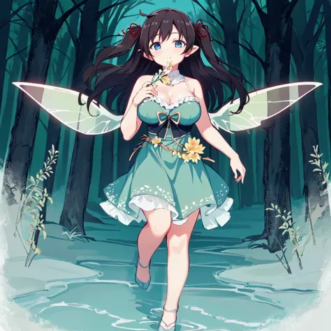 MakotoGGN, masterpiece, best quality, absurdres, detailed, 1girl, solo, long hair, brown hair, blue eyes, large breasts, looking at viewer, full body, hair ribbon, blush, red ribbon, weightlifting, two side up, fairy wings, glowing, forest, flower, nature, pointy ears, elegant, green dress, <lora:MakotoGGN:1>