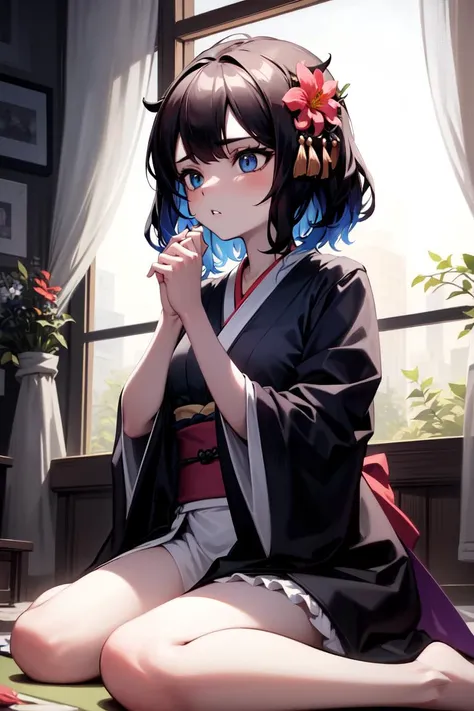 masterpiece, best quality, absurdres, perfect anatomy, 1girl, solo, Kjera, short hair, hair flaps, indoors, kimono, hair flower, floral print, wariza, sitting, hands on own knees