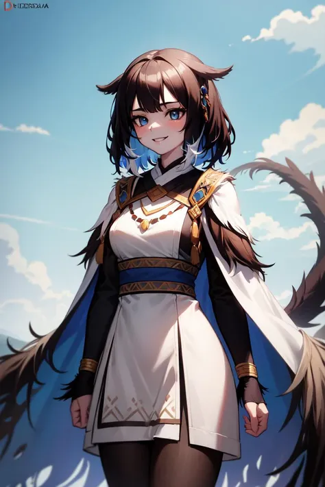 masterpiece, best quality, absurdres, perfect anatomy, 1girl, solo, Kjera, short hair, hair flaps, tail, KjeraBase, white dress, fur trim, hair ornament, long sleeves, jewelry, pantyhose, wide sleeves, cape, standing, cowboy shot, smile
