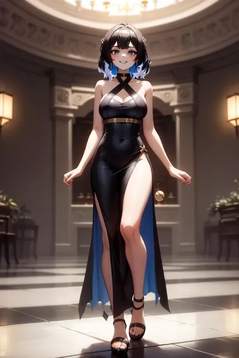 masterpiece, best quality, absurdres, perfect anatomy, 1girl, solo, Kjera, short hair, hair flaps, elegant, long dress, black dress, halterneck, smile, indoors, reflective floor, ball room