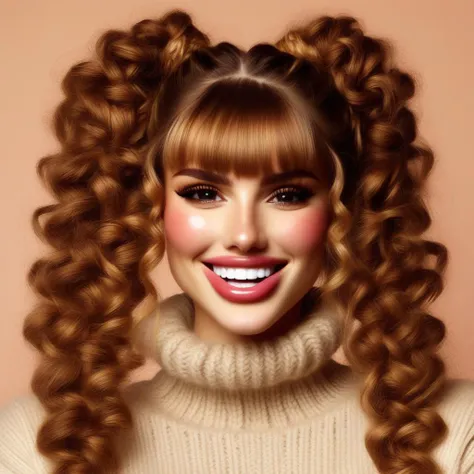 blunt bangs, grin, smile, lips, realistic, braid, curly hair, sweater