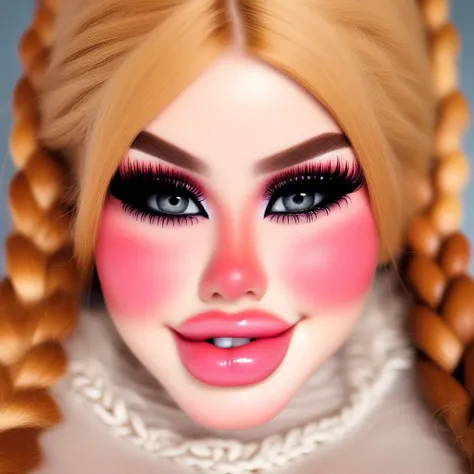 lips, breasts, teeth, close-up, makeup, twin braids, looking at viewer, mole