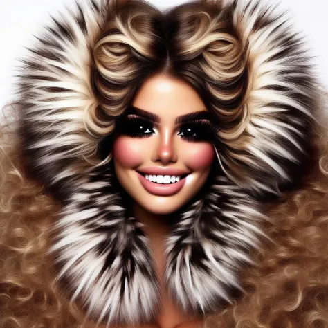 mole, fur trim, eyelashes, thick eyebrows, teeth, white background, curly hair, jewelry