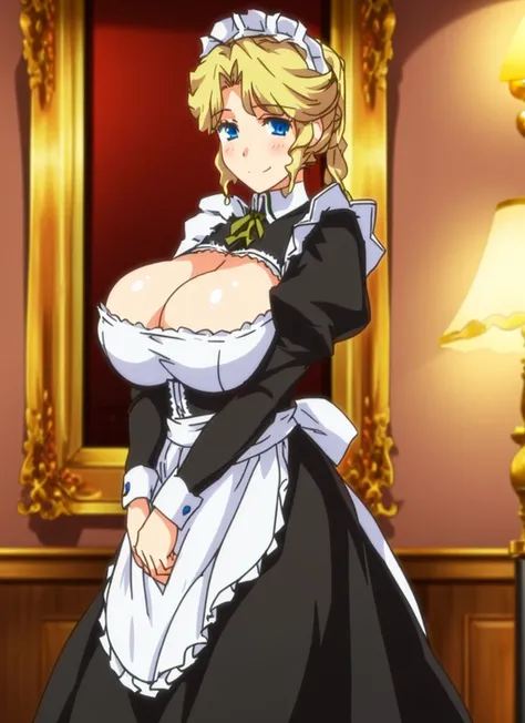 (Maria_VM), 1girl, solo, standing, (huge breasts), embarrassed, smile, blue_eyes, blond_hair, shiny skin, cowboy_shot, room, (victorian_maid), cleavage,