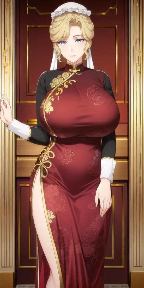 <lora:Maria_VMV2:0.7>, Maria_VM, huge_breasts, standing, solo, china dress,, masterpiece, best quality, detailed face, detailed eyes, highres,