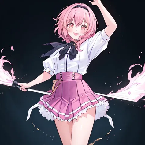 masterpiece,best quality, (Highest picture quality), (Master's work), (Detailed eye description), (8K wallpaper),(Detailed face description),
extremely detailed, perfect lighting,highres,ray tracing,detail body
BREAK
(1girl:1.4), :d, (gold_eyes:1.3), collared_shirt, full_body, long_sleeves, looking_at_viewer, shirt, skirt, short_hair, braid, smile, shinai, white_shirt, (pink_hair:1.2), hair down, hairband, kendo_class, hair_band, school uniform, skirt, purple skirt, puffy short sleeves,white shirt, closed mouth, <lora:KuohAcademyUniformV2:1>, KuohAcademyUniform