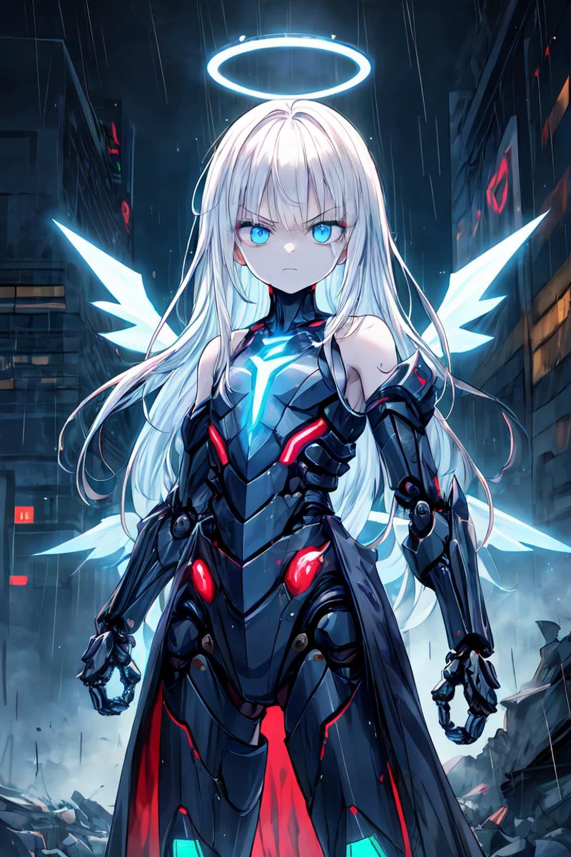 beautiful illustration, best quality, solo, cute girl, blue eyes, white hair, absurdly long hair, pale skin, (ahoge:1.1), flat chest, expressionless, cyberpunk city, night, dark, neon light, rtx, reflections, rain, jacket, pants, looking at viewer, wet hair, wet clothes, half-closed eyes, glow, armored, cybernetic, robot, mecha, movie poster, fighting stance, blue energy, blue electricity, <lora:r1ge - AnimeRage:0.2>, (coat:1.1), <lora:add_detail:1>, <lora:Gloomifier_TheDread_V1_LECO:1>, bare shoulders, exoskeleton, angry, energy halo, (mechanical wings:1.3), blue lightning, ruins, rubble, gauntlets