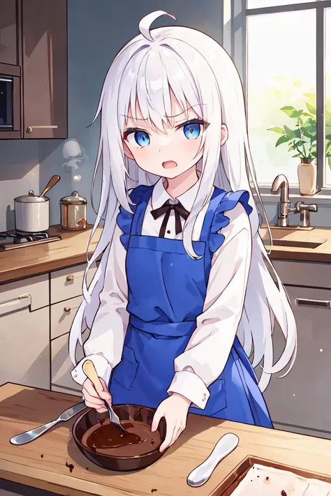 beautiful illustration, best quality, solo, cute girl, blue eyes, white hair, absurdly long hair, pale skin, ahoge, flat chest, expressionless, kitchen, indoors, making chocolate, apron, angly, open mouth, spoon, dust particles, tyndal effect
