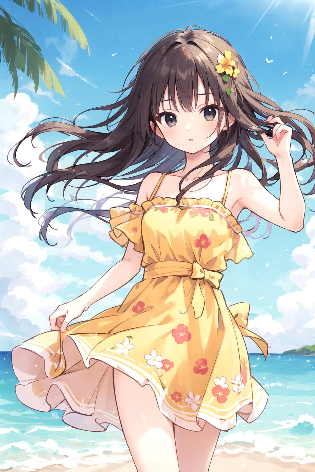 (masterpiece:1) 1girl, summer day, blue sky, wind, yellow dress, brunette girl, black eyes