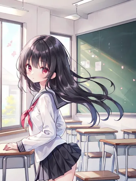 ,(masterpiece),(highres),(high quality),
,(cute girl:1.2),(solo),(skinny), (petite:1.4),
,(black hair:1.3),(red eyes),(long hair:1.2),
,(school uniform),(white shirt),(black skirt),
,(school),(classroom),(sakura),
,(looking at viewer),
,<lora:Detail Tweaker:0.5>,