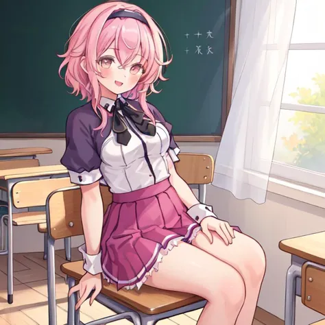 masterpiece,best quality, (Highest picture quality), (Master's work), (Detailed eye description), (8K wallpaper),(Detailed face description),
extremely detailed, perfect lighting,highres,ray tracing,detail body
BREAK
(1girl:1.4), :d, (gold_eyes:1.3), collared_shirt, full_body, long_sleeves, looking_at_viewer, shirt, skirt, short_hair, braid, smile, shinai, white_shirt, (pink_hair:1.2), hair down, hairband, kendo_class, hair_band, school uniform, skirt, purple skirt, puffy short sleeves,white shirt, classroom, desks, chair, sitting behind desk, closed mouth, <lora:KuohAcademyUniformV2:1>, KuohAcademyUniform