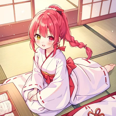 beautiful illustration, best quality, cute girl, japanese room, tatami, miko, red hakama, straight hair, heterochromia, braided ponytail,