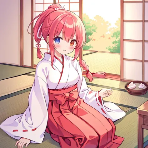 beautiful illustration, best quality, cute girl, japanese room, tatami, miko, red hakama, straight hair, heterochromia, braided ponytail,