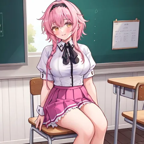 masterpiece,best quality, (Highest picture quality), (Master's work), (Detailed eye description), (8K wallpaper),(Detailed face description),
extremely detailed, perfect lighting,highres,ray tracing,detail body
BREAK
(1girl:1.4), :d, (gold_eyes:1.3), collared_shirt, full_body, long_sleeves, looking_at_viewer, shirt, skirt, short_hair, braid, smile, shinai, white_shirt, (pink_hair:1.2), hair down, hairband, kendo_class, hair_band, school uniform, skirt, purple skirt, puffy short sleeves,white shirt, classroom, desks, chair, sitting behind desk, closed mouth, <lora:KuohAcademyUniformV2:1>, KuohAcademyUniform