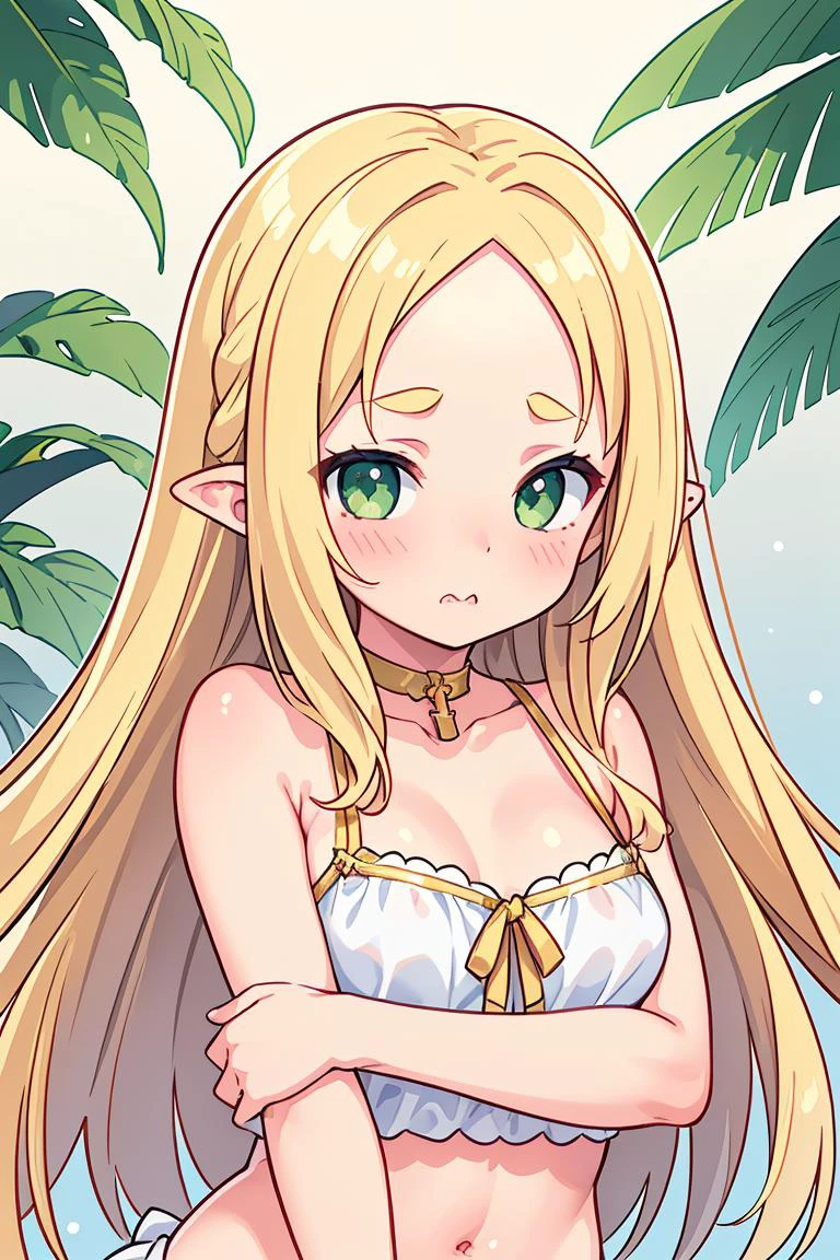 (masterpiece, best quality), female ager, athletic, pacific islander, green eyes, pointed ears, wide chin, overbite jaw, uneven forehead, long face shape, , golden blonde
long layers hair, relief
wearing __bo/properties/color__ studs
seamless cheeky, tulle
cross-back bralette, ,
, arms folded across the chest, appearing closed off or guarded