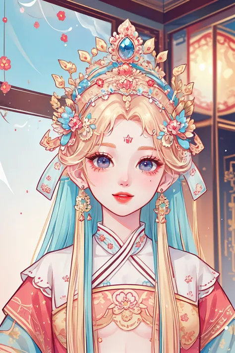 (masterpiece:1.5), (((top quality, best quality, high quality))), ((intricately detailed, ultra-detailed, insanely detailed)), highres, 32K, extremely detailed unity CG 8K wallpaper, (beautiful and aesthetic:1.2), (depth of field:1.3), (immaculate:1.4), (delicate detailed depiction:1.4), (professional photography:1.3),
((brilliant full lighting, luscious colors)),  (elegant natural posture:1.3),
(upper body:1.3), ((close-up illustration of a beautiful woman)),
(1milf:1.5), (mature female:1.4), (((princess))),
beautiful gorgeous face, [(detailed face:1.2):0.2], bright big eyes, pureerosface_v1, (closed-lips smile:1.5), (red lips:1.4), (full lips:1.4), (curly short hair with long locks:1.4),
attractive flawless body, (((pronounced feminine curves))), bright glistening skin, realistic skin, skin pores, (((toned belly, detailed navel, groin:1.3))), narrow waist,
beijing opera,  <lora:silhouette_20231024205630:0.8>,, (gems-adorned gauntlets:1.4), (detached collar:1.3), (fabrication glitters:1.5), (luxury intricate clothing jewelries:1.4), (embroidered jewelries:1.4), (clothing sparkles:1.4), (sparkling particles:1.3), (((low front seam))), ((earrings, hairclip, hair ornaments, armlets, tiara:1.2)),
(walking in a spacious hallway made of gold and gems:1.5), (((grand castle))), (posh:1.5), (surreal breathtaking scenery:1.5),  (miraculous magnificent landscape:1.5), (intricate complex background:1.5), (((thick fog all over the place, blurry vague scenery))), (bright brilliant backlighting:1.3),  <lora:fashigirl-v5.5-lora-naivae-64dim:0.6>,