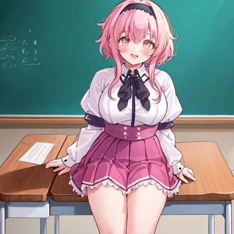 masterpiece,best quality, (Highest picture quality), (Master's work), (Detailed eye description), (8K wallpaper),(Detailed face description),
extremely detailed, perfect lighting,highres,ray tracing,detail body
BREAK
(1girl:1.4), :d, (gold_eyes:1.3), collared_shirt, full_body, long_sleeves, looking_at_viewer, shirt, skirt, short_hair, braid, smile, shinai, white_shirt, (pink_hair:1.2), hair down, hairband, kendo_class, hair_band, school uniform, skirt, purple skirt, puffy short sleeves,white shirt, classroom, desks, chair, sitting behind desk, closed mouth, <lora:KuohAcademyUniformV2:1>, KuohAcademyUniform