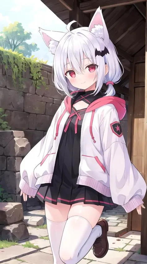 1girl, flat chest, short hair, white hair, ahoge, messy hair, payot, twintails, short twintails, animal ears, animal ear fluff, bat ears, bangs, hair between eyes, bat hair ornament, seductive smile, empty eyes, red eyes, glowing eyes, black dress, short dress, pleated skirt, hooded jacket, white jacket, open jacket, open clothes, white hood, hood down, long sleeves, wide sleeves, sleeves past wrists, sleeves past fingers, white thighhighs, zettai ryouiki, boots, white footwear, beam, bricks, damp, darkness, detritus, dim light, dirt, rust, shadow, stone, tunnel, wooden beam, mine cave, masterpiece, best quality, official art, extremely detailed CG unity 8k wallpaper, artbook, yuzu-soft, kobuichi, muririn,