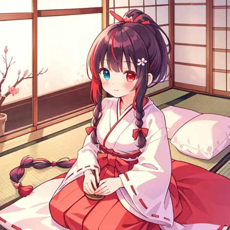 beautiful illustration, best quality, cute girl, japanese room, tatami, miko, red hakama, straight hair, heterochromia, braided ponytail,