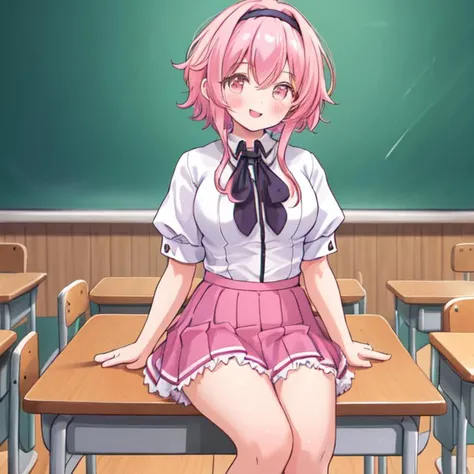 masterpiece,best quality, (Highest picture quality), (Master's work), (Detailed eye description), (8K wallpaper),(Detailed face description),
extremely detailed, perfect lighting,highres,ray tracing,detail body
BREAK
(1girl:1.4), :d, (gold_eyes:1.3), collared_shirt, full_body, long_sleeves, looking_at_viewer, shirt, skirt, short_hair, braid, smile, shinai, white_shirt, (pink_hair:1.2), hair down, hairband, kendo_class, hair_band, school uniform, skirt, purple skirt, puffy short sleeves,white shirt, classroom, desks, chair, sitting behind desk, closed mouth, <lora:KuohAcademyUniformV2:1>, KuohAcademyUniform