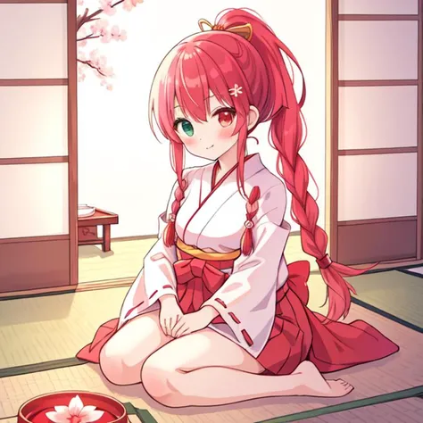 beautiful illustration, best quality, cute girl, japanese room, tatami, miko, red hakama, straight hair, heterochromia, braided ponytail,
