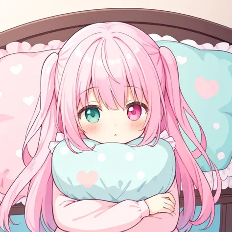 beautiful illustration, best quality, cute girl, bedroom, hugging pillow, pink hair, two side up, sleepy, heterochromia,