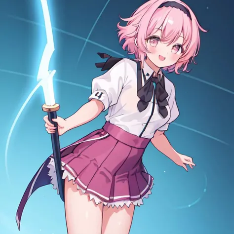 masterpiece,best quality, (Highest picture quality), (Master's work), (Detailed eye description), (8K wallpaper),(Detailed face description),
extremely detailed, perfect lighting,highres,ray tracing,detail body
BREAK
(1girl:1.4), :d, (gold_eyes:1.3), collared_shirt, full_body, long_sleeves, looking_at_viewer, shirt, skirt, short_hair, braid, smile, shinai, white_shirt, (pink_hair:1.2), hair down, hairband, kendo_class, hair_band, school uniform, skirt, purple skirt, puffy short sleeves,white shirt, closed mouth, <lora:KuohAcademyUniformV2:1>, KuohAcademyUniform